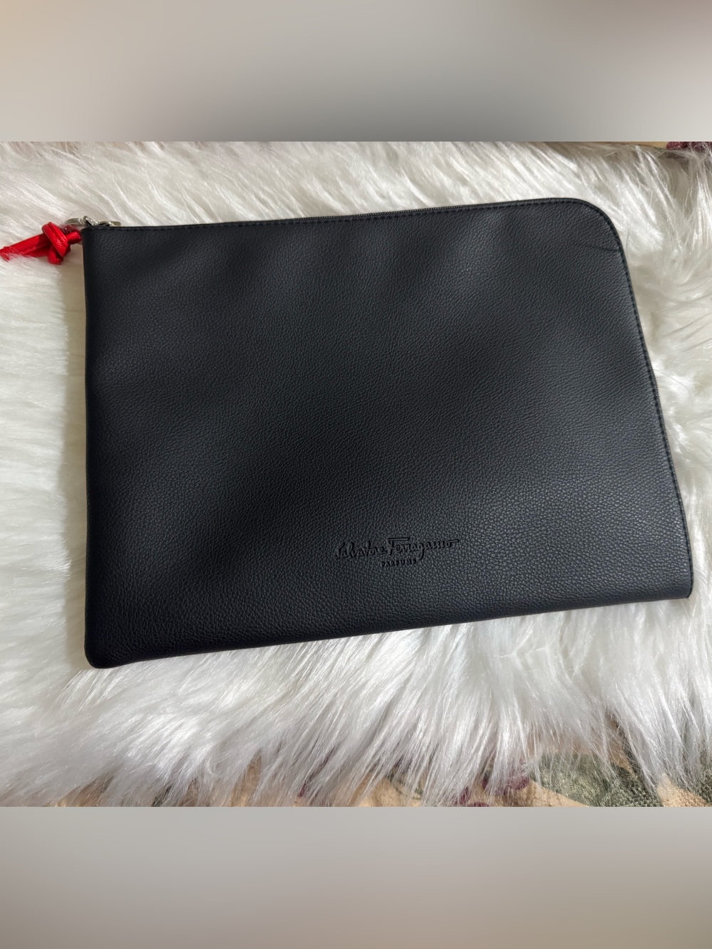 Salvatore Ferragamo Black Leather Zip Pouch with Red Zip Pull 10.5” x 8”